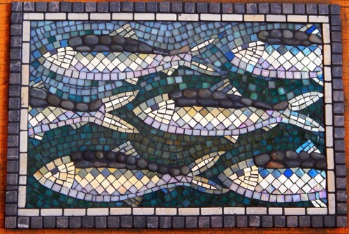 Alewives; stained glass, natural stone, smalti, marble; 12" x 18"; $700