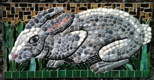 Rabbit; 8" x 16"; natural stone, stained glass, glass tile; $500.00 sold